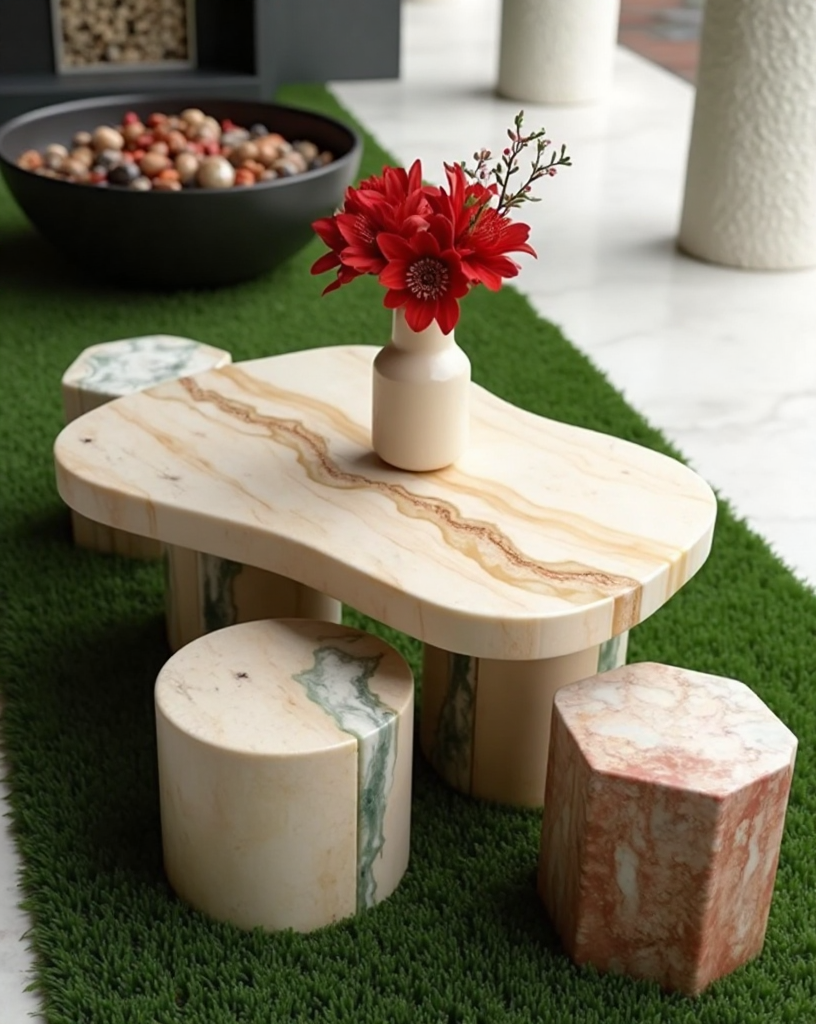 Contemporary Travertine Coffee Table Set