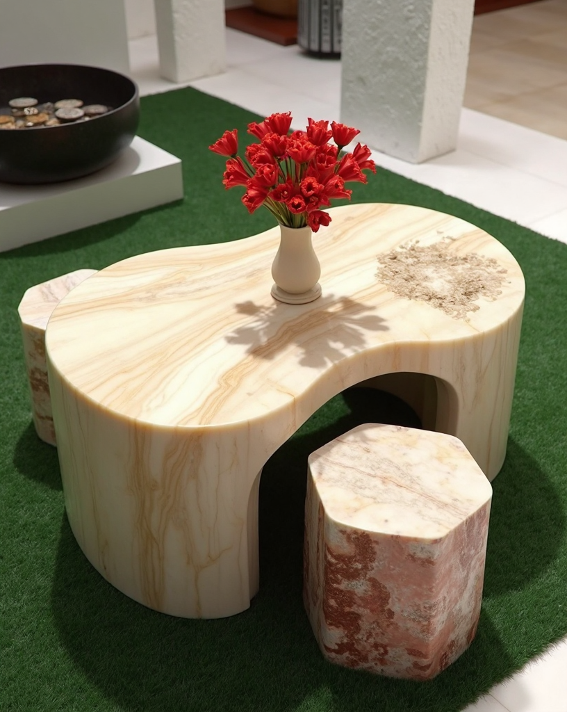 Contemporary Travertine Coffee Table Set