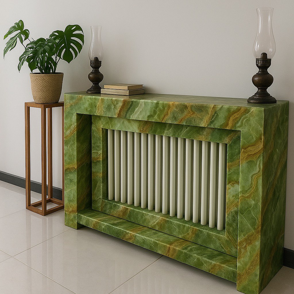 Luxury Radiator Cover Console – Green onyx and marble, Decorative & Functional”