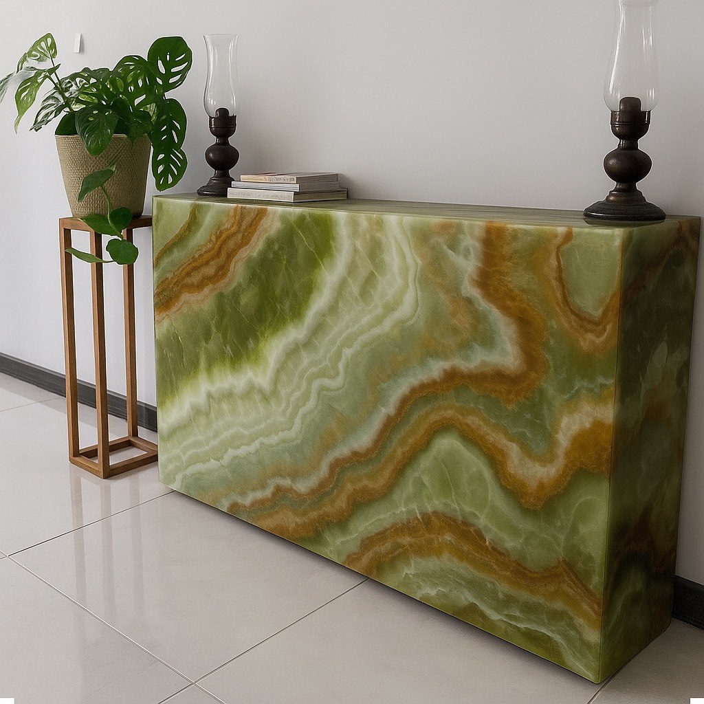 Luxury Radiator Cover Console – Green onyx and marble, Decorative & Functional”