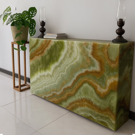 Luxury Radiator Cover Console – Green onyx and marble, Decorative & Functional”